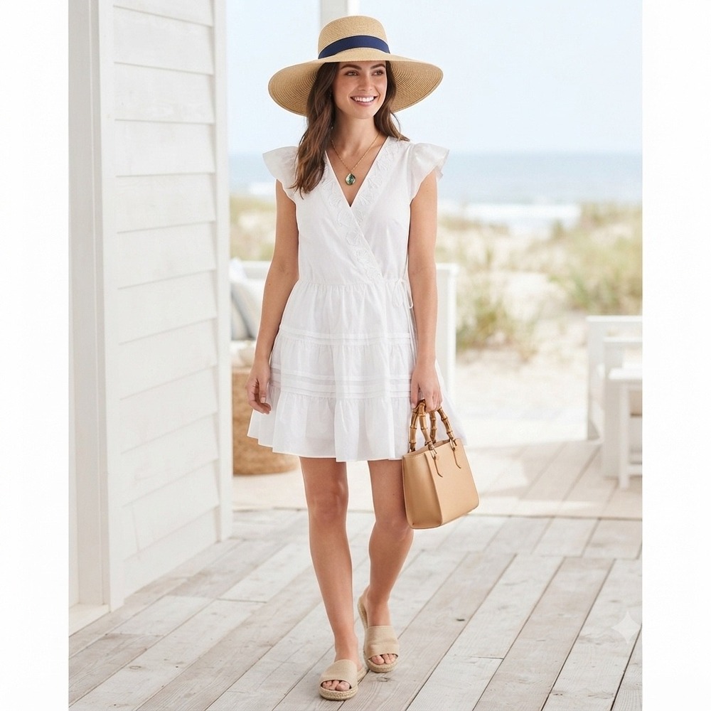 En Saison Dress Womens Medium White Shell Embroidery Tiered Mini Coastal Summer